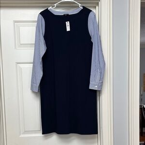 Talbots Navy Shift Dress with Blue-White Striped Sleeves